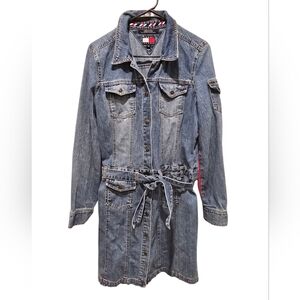 Vintage 90s Tommy Hilfiger Long Jean Jacket Coat With Belt